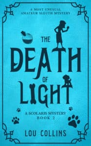 blue illustrated book cover, silhouettes of female sleuth, puppy and paw prints and a bottle